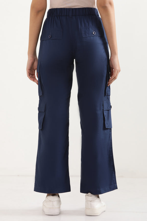 Elleven Women's Navy Blue Solid Straight Fit Cotton Cargo Pants With Elasticated Waist