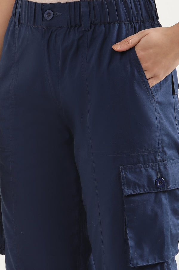 Elleven Women's Navy Blue Solid Straight Fit Cotton Cargo Pants With Elasticated Waist