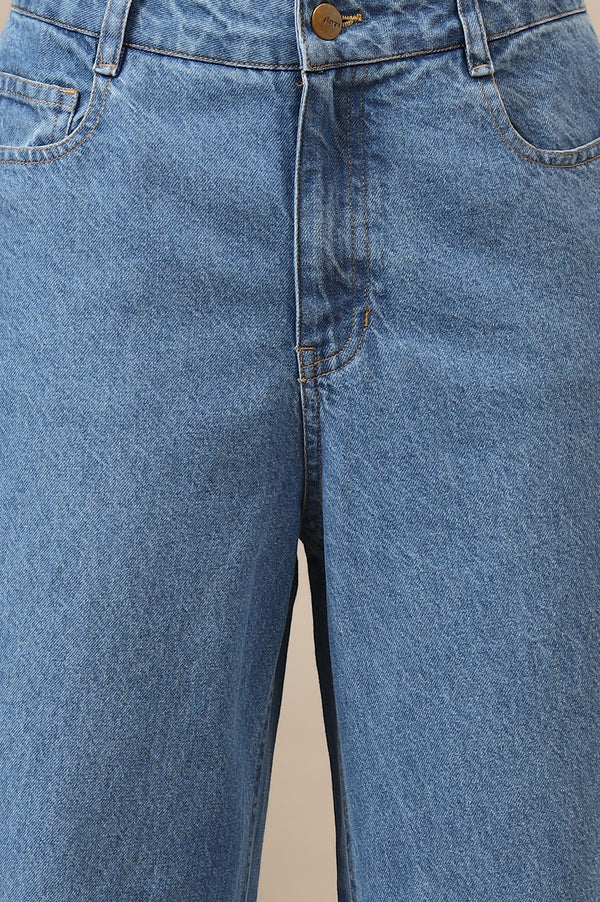 Elleven Women's Light Blue Solid Flared Cotton Denim Pants With High Waisted Design