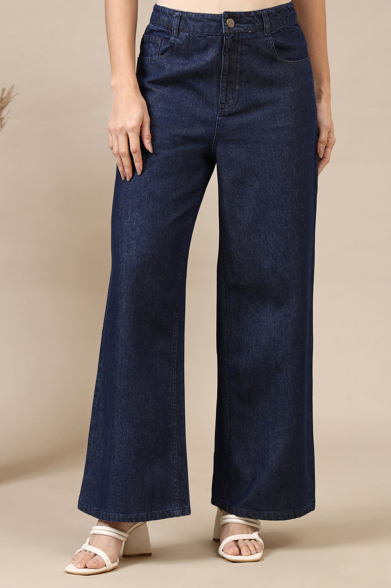 Navy Blue Solid Flared Cotton Denim Pants with High-waisted Design