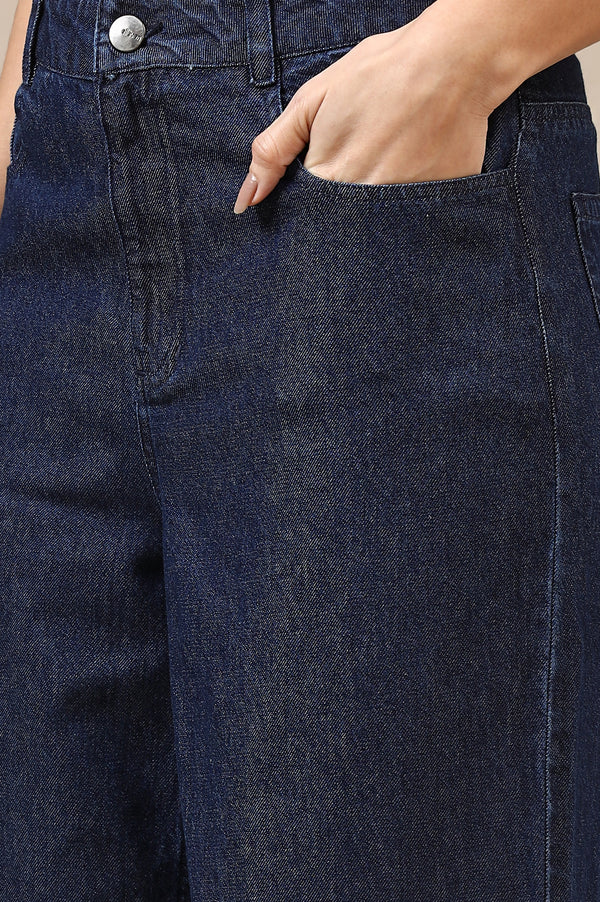 Navy Blue Solid Flared Cotton Denim Pants with High-waisted Design