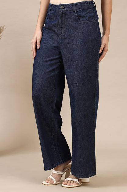 Navy Blue Solid Flared Cotton Denim Pants with High-waisted Design