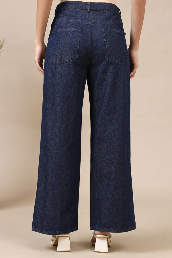 Navy Blue Solid Flared Cotton Denim Pants with High-waisted Design