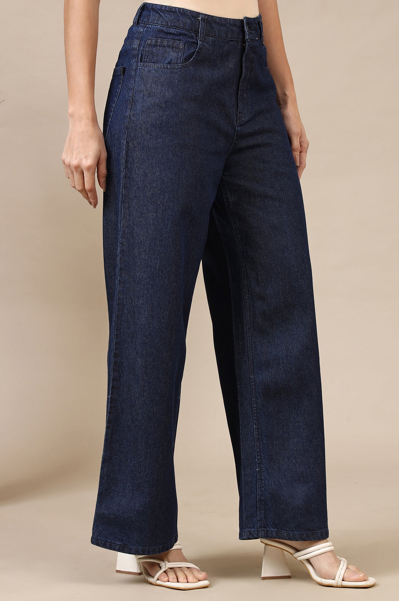 Navy Blue Solid Flared Cotton Denim Pants with High-waisted Design