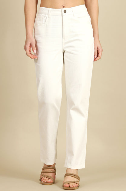 White Solid Pure Cotton Straight Trousers &amp; Pants