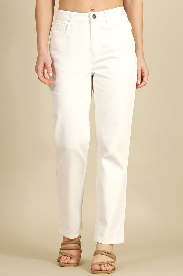 White Solid Straight Fit Cotton Pants With Button Closure