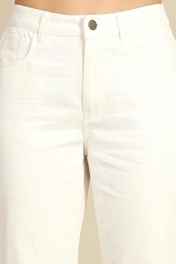 White Solid Straight Fit Cotton Pants With Button Closure