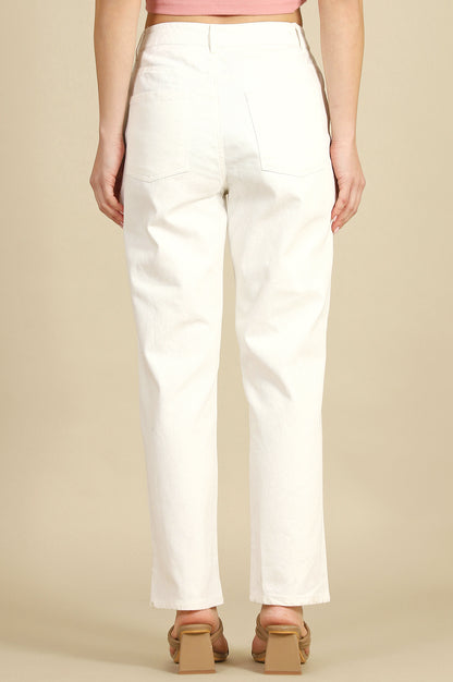 White Solid Pure Cotton Straight Trousers &amp; Pants