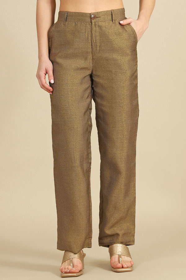 Brown Yarn Dyed Straight Fit Pants With YKK Zipper