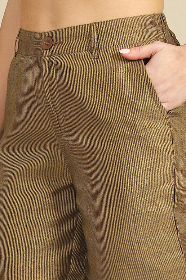Brown Yarn Dyed Straight Fit Pants With YKK Zipper