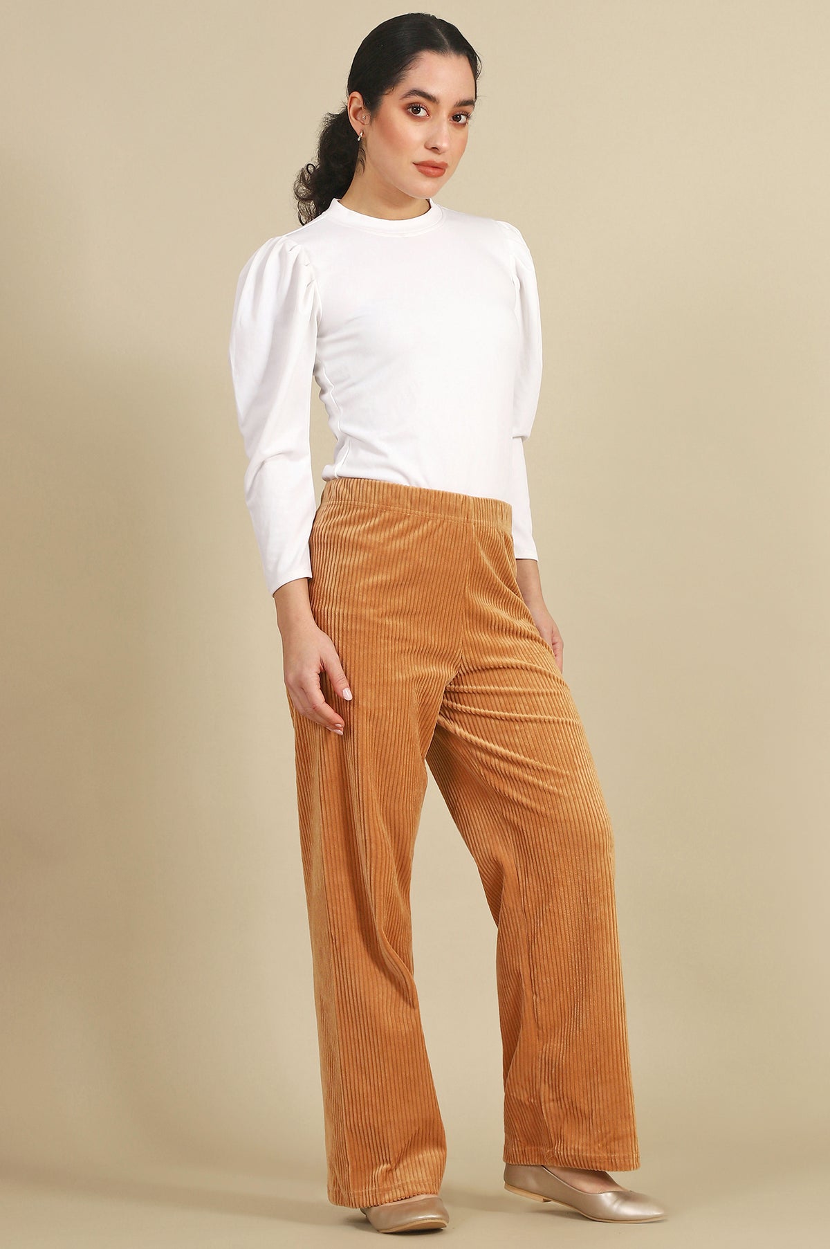 Elleven Women's Brown Solid Straight Fit Cotton Pants With Elasticated Waist - S
