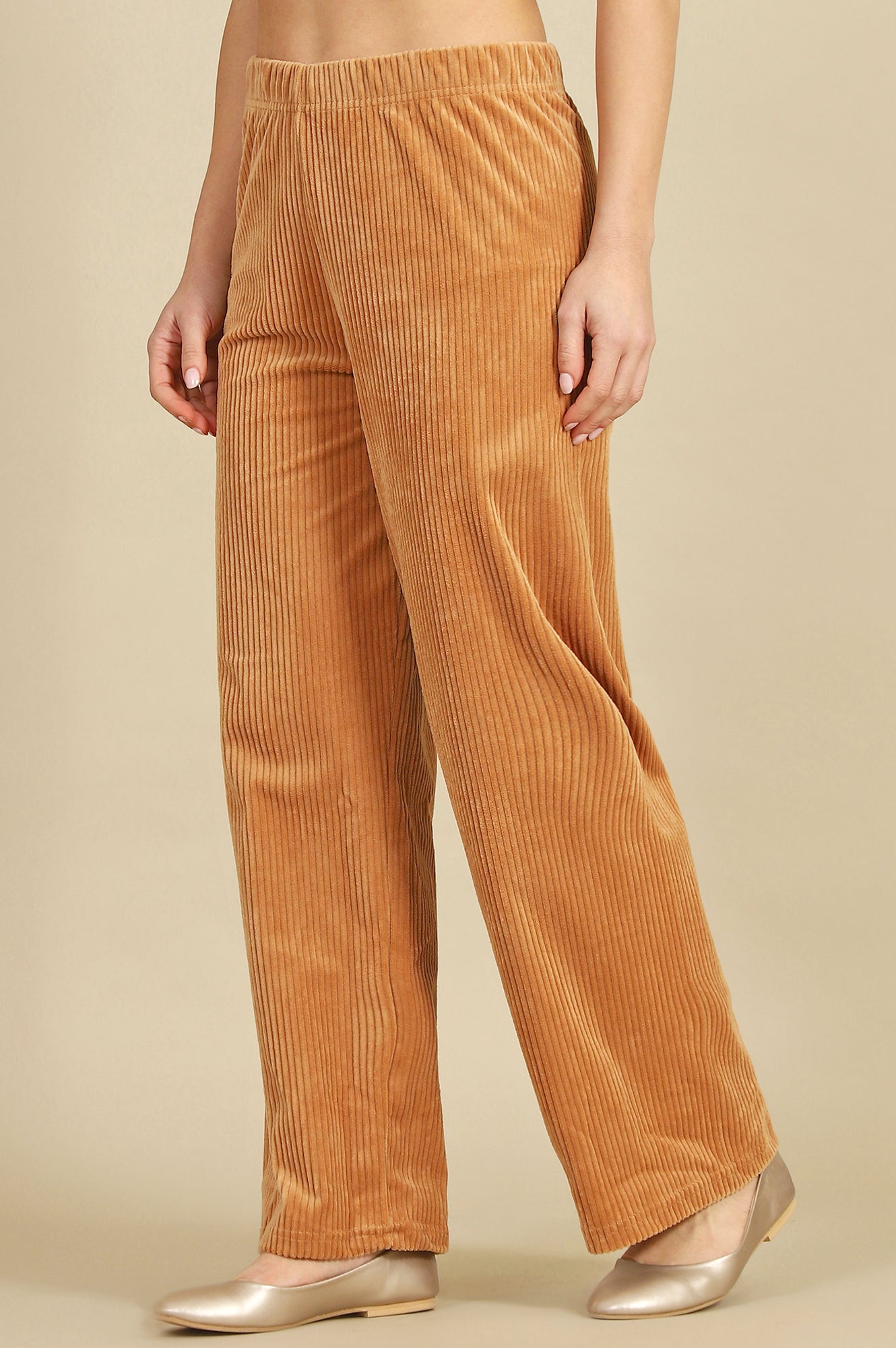 Brown Solid Cotton Blend Straight Trousers &amp; Pants