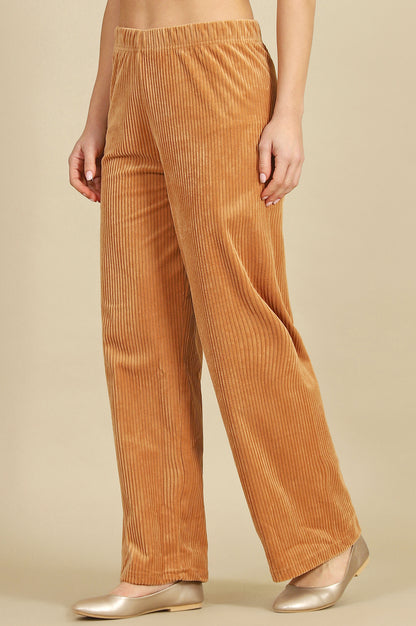 Brown Solid Cotton Blend Straight Trousers &amp; Pants