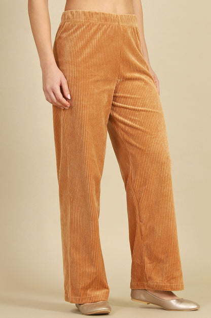 Brown Solid Cotton Blend Straight Trousers &amp; Pants