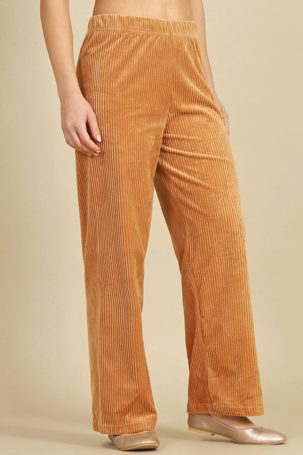 Brown Solid Straight Fit Cotton Pants With Elasticated Waist