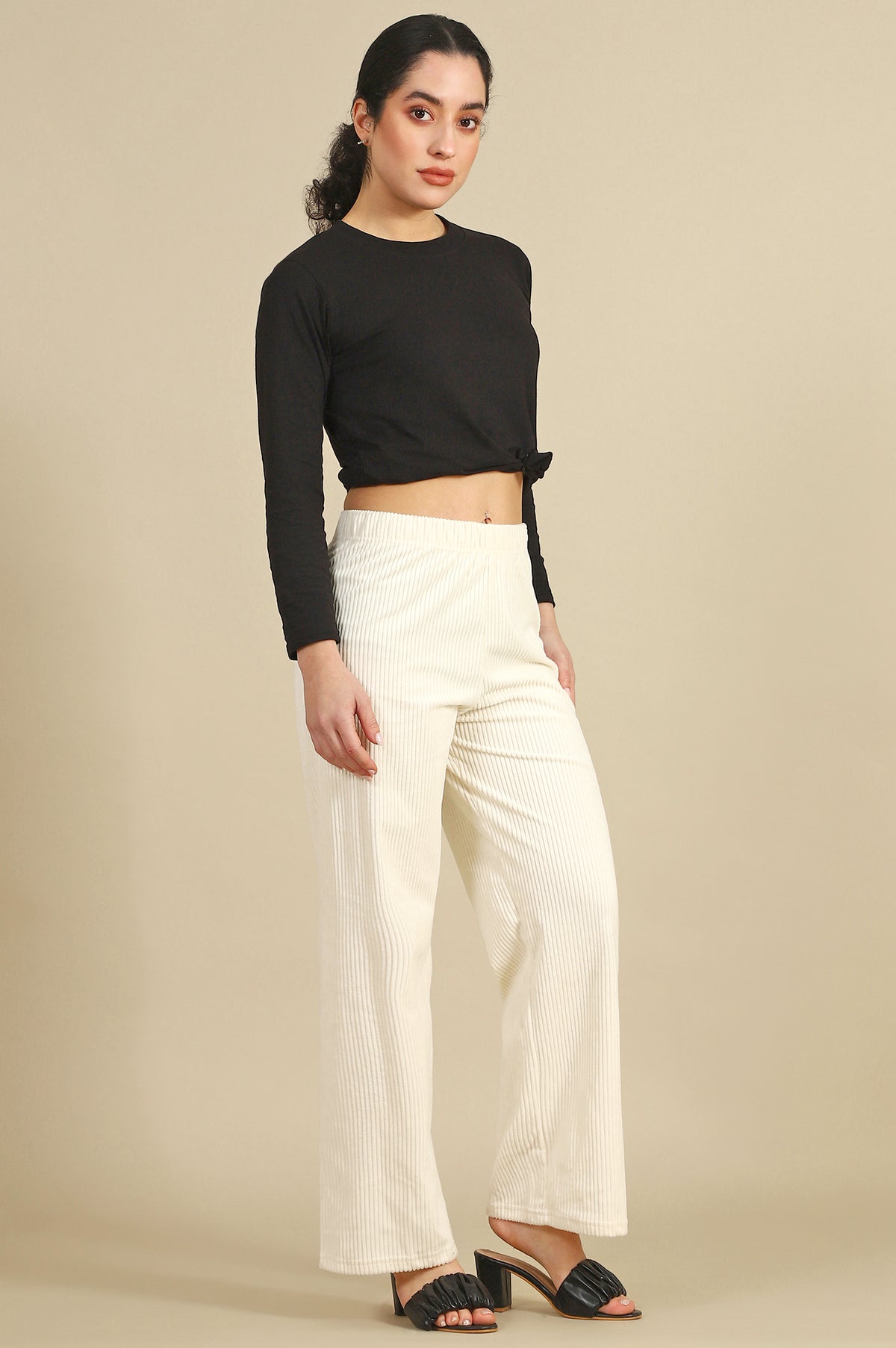 Elleven Women's Cream Solid Straight Fit Cotton Pants - S
