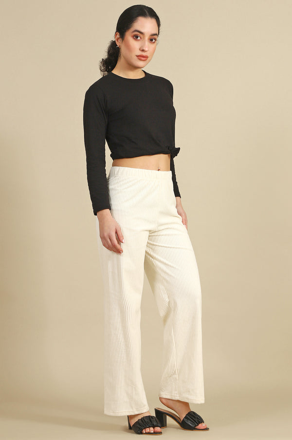 Cream Solid Straight Fit Cotton Pants