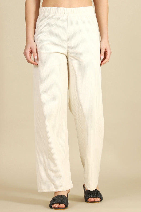 Cream Solid Straight Fit Cotton Pants
