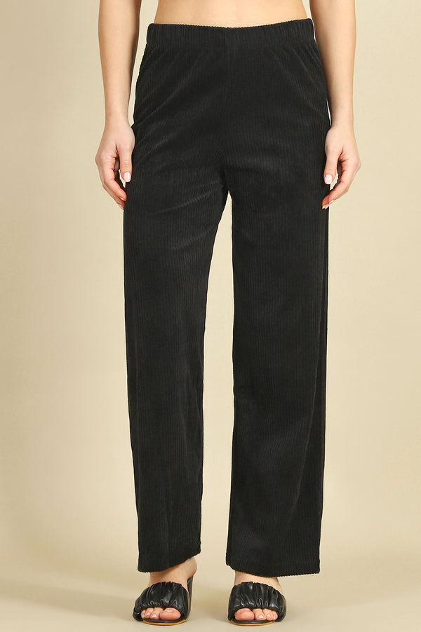 Black Solid Straight Fit Cotton Pants With Slip On Closure