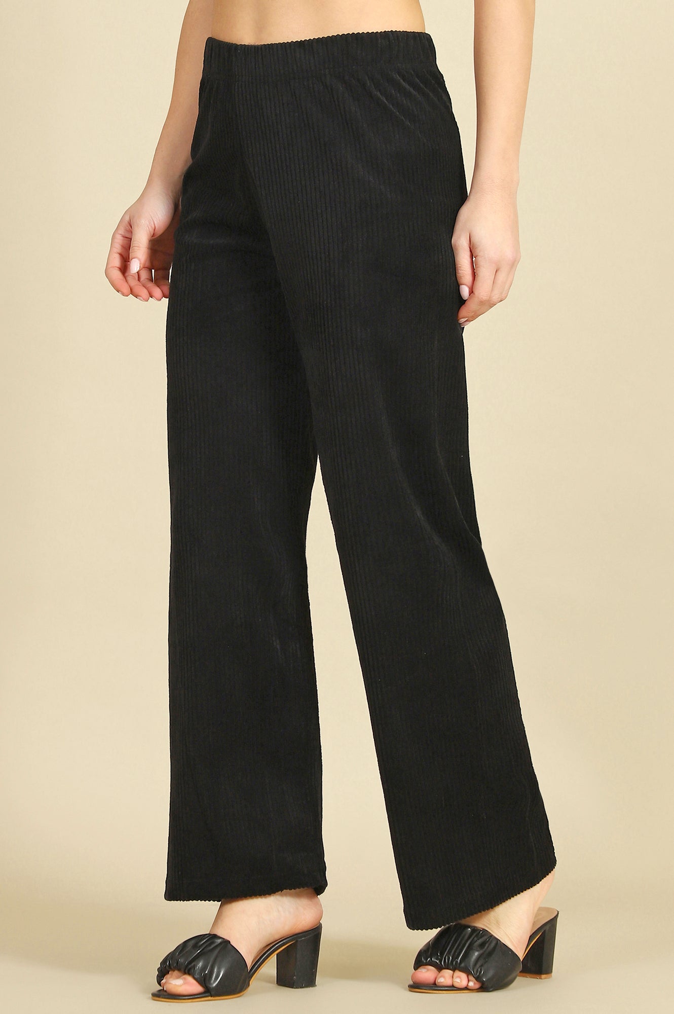 Black Solid Cotton Blend Straight Trousers &amp; Pants