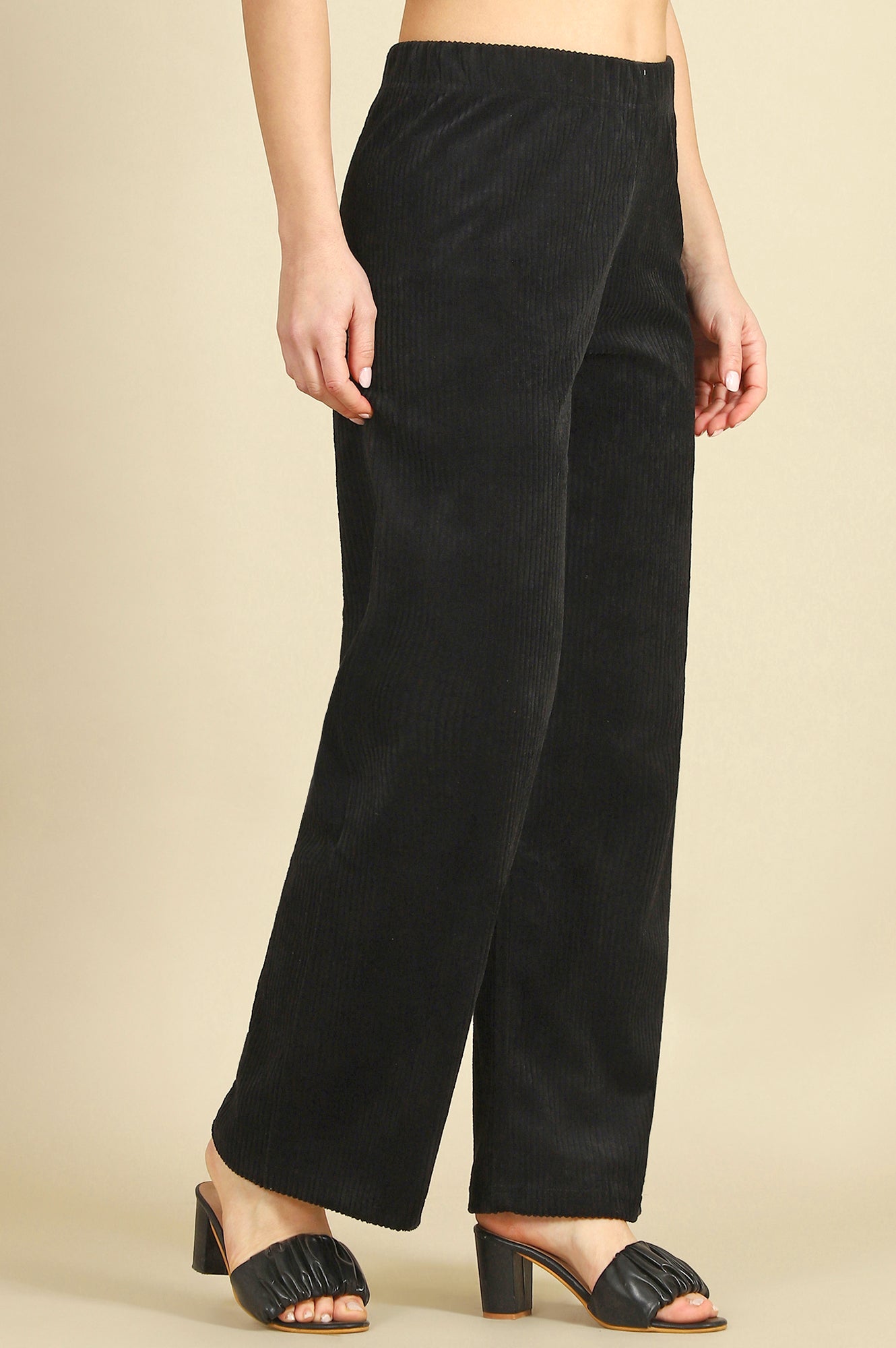 Black Solid Cotton Blend Straight Trousers &amp; Pants