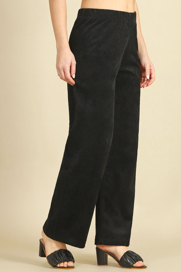Black Solid Straight Fit Cotton Pants With Slip On Closure