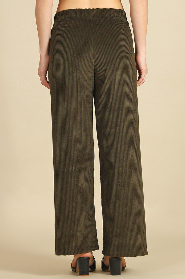 Dark Green Solid Straight Fit Cotton Pants