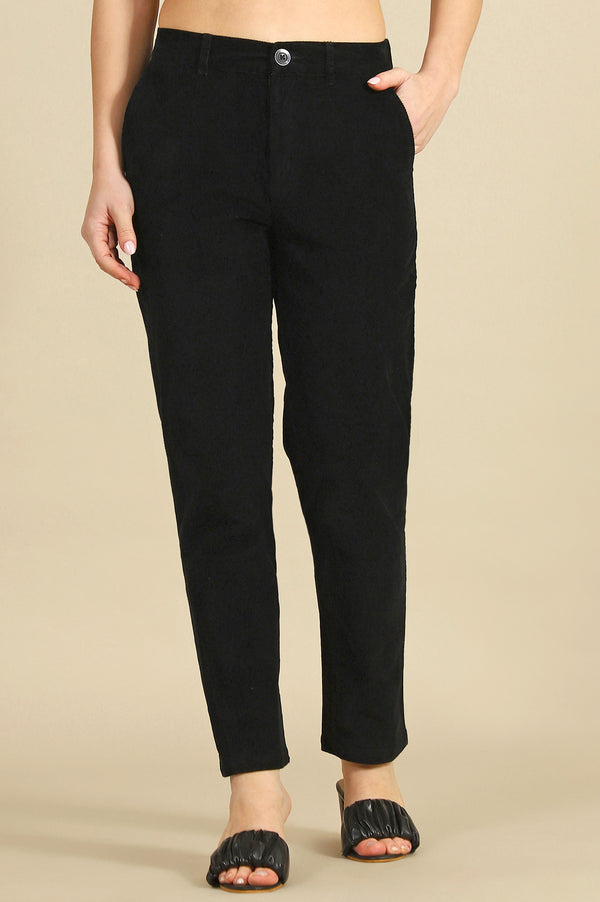 Black Solid Straight Fit Cotton Pants with YKK Zipper
