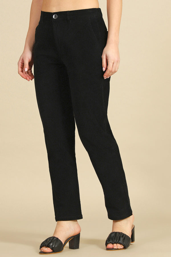 Black Solid Straight Fit Cotton Pants with YKK Zipper