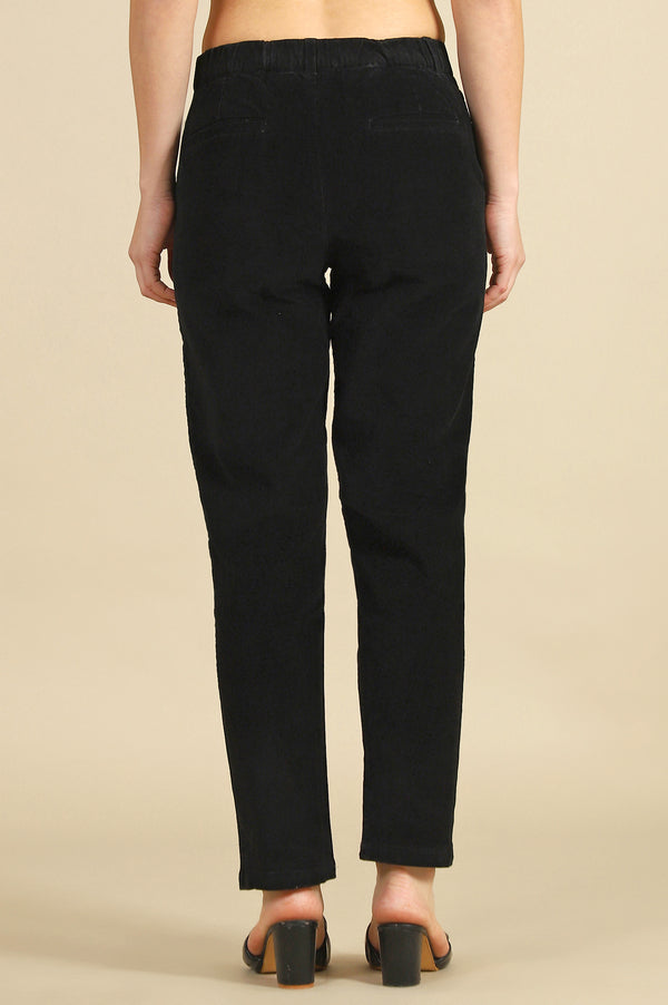 Black Solid Straight Fit Cotton Pants with YKK Zipper