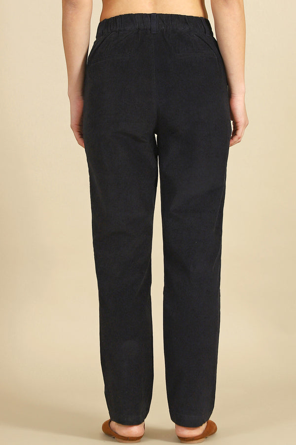 Navy Blue Solid Straight-fit Cotton Pants with YKK Zipper