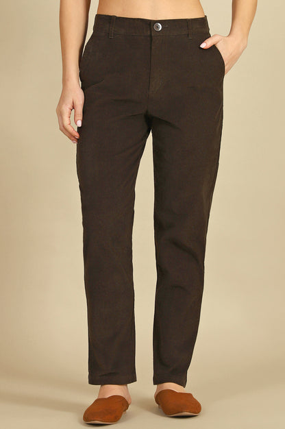 Green Solid Cotton Blend Straight Trousers &amp; Pants