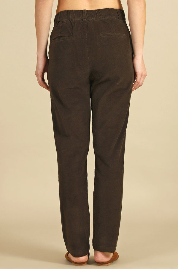 Dark Brown Solid Straight-fit Cotton Pants with YKK Zipper