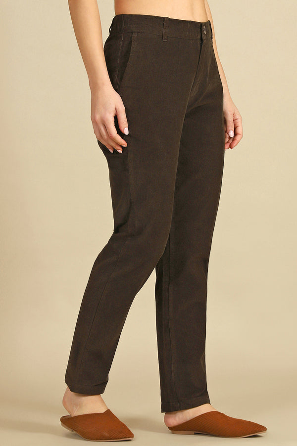 Dark Brown Solid Straight-fit Cotton Pants with YKK Zipper