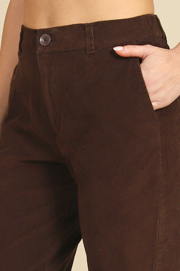 Brown Solid Straight Fit Cotton Pants with YKK Zipper