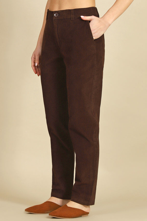 Brown Solid Straight Fit Cotton Pants with YKK Zipper