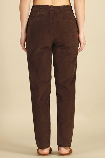 Brown Solid Cotton Blend Straight Trousers &amp; Pants