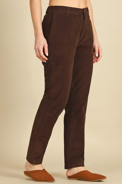 Brown Solid Cotton Blend Straight Trousers &amp; Pants
