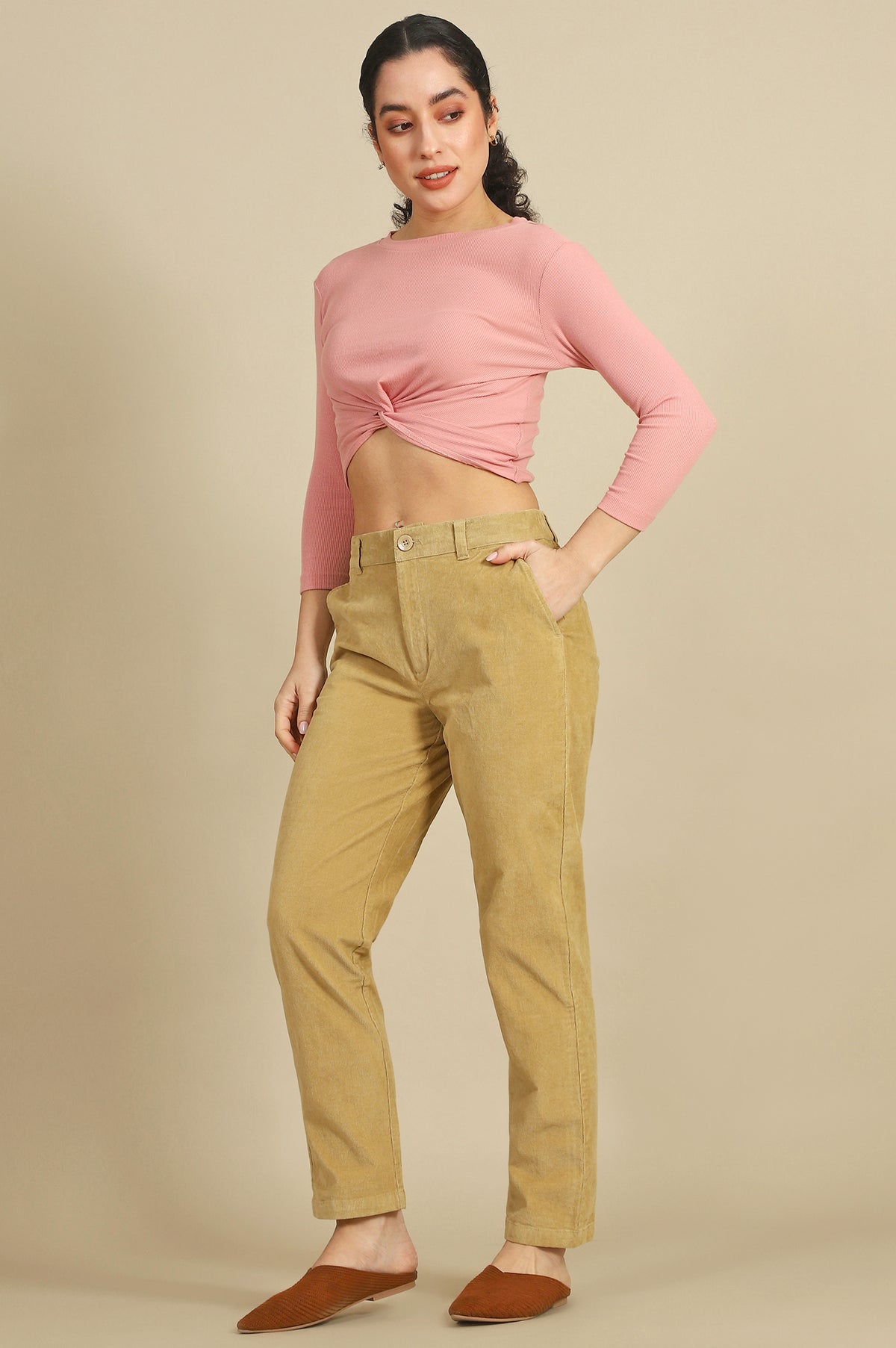 Elleven Women's Beige Solid Straight Fit Cotton Pants with YKK Zipper - S