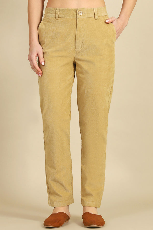 Beige Solid Straight Fit Cotton Pants with YKK Zipper