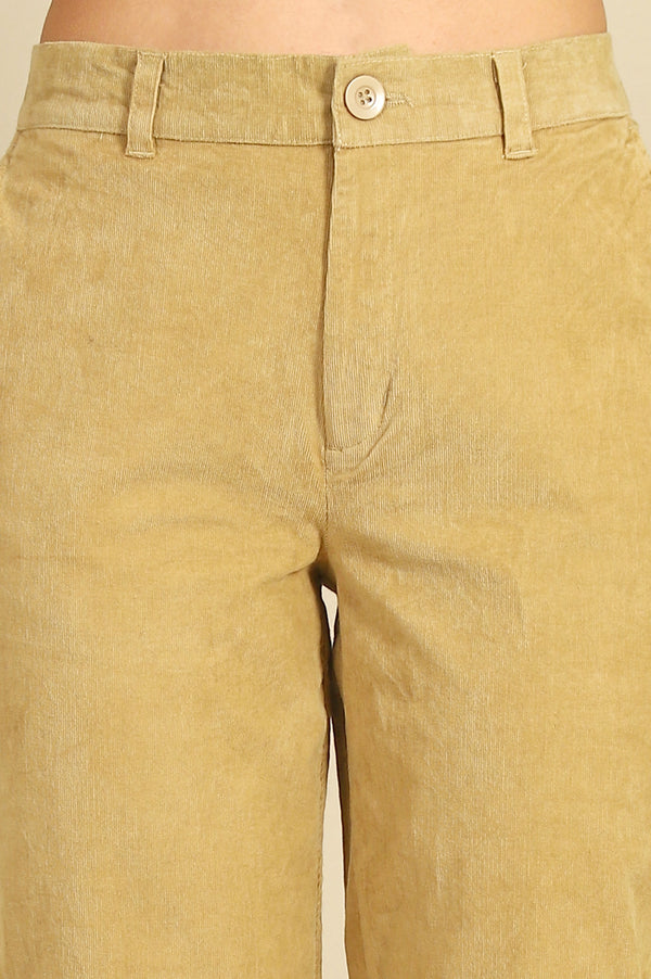 Beige Solid Straight Fit Cotton Pants with YKK Zipper