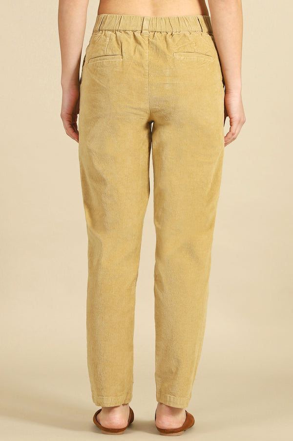 Beige Solid Straight Fit Cotton Pants with YKK Zipper