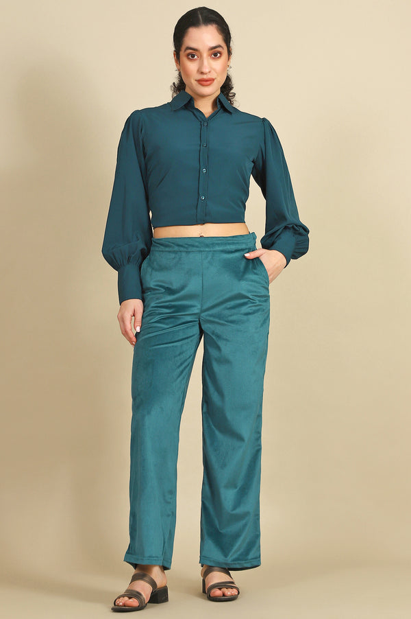 Green Solid Straight Fit Pants with YKK Zipper