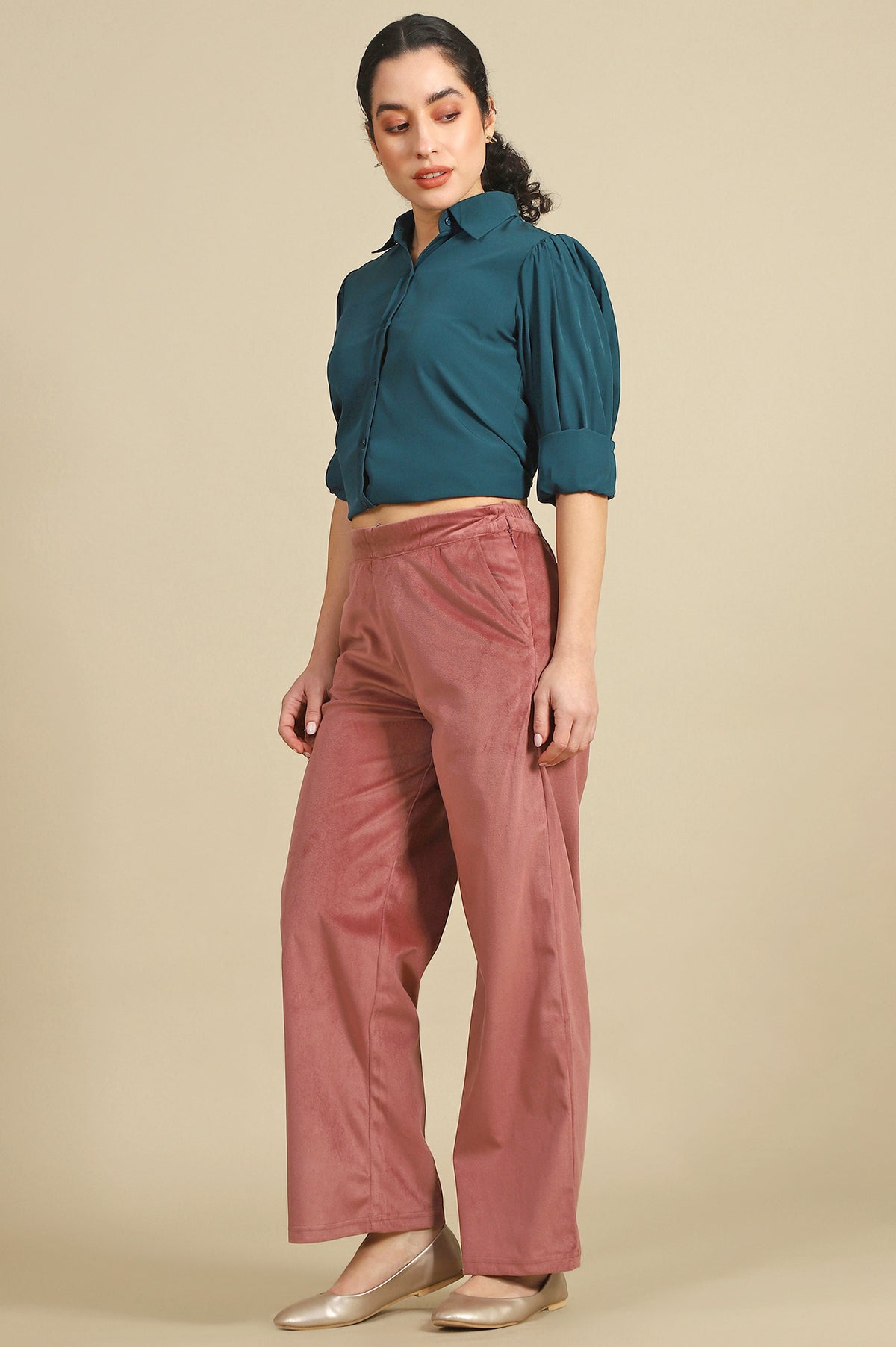 Elleven Women's Pink Solid Wide Leg Pants with YKK Zipper - S