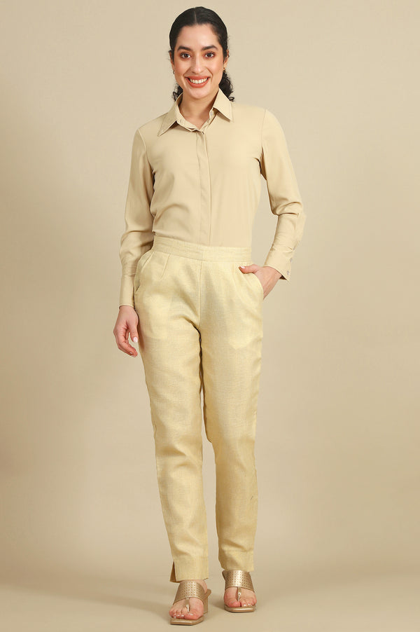 Off White Yarn Dyed Straight Fit Cotton Blend Trousers With Zari Detailing