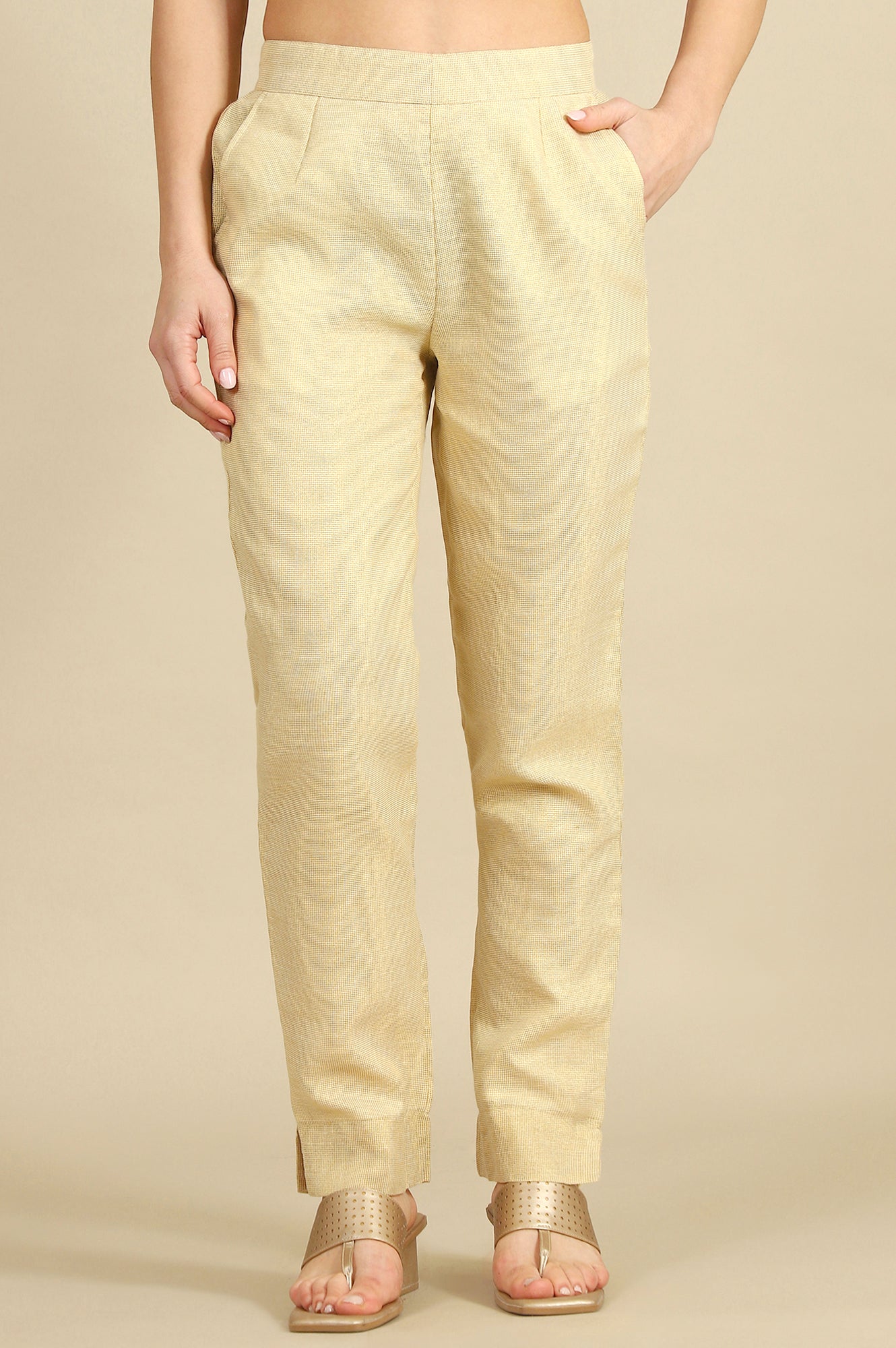 Off White Yarn Dyed Zari Cotton Blend Straight Trousers &amp; Pants