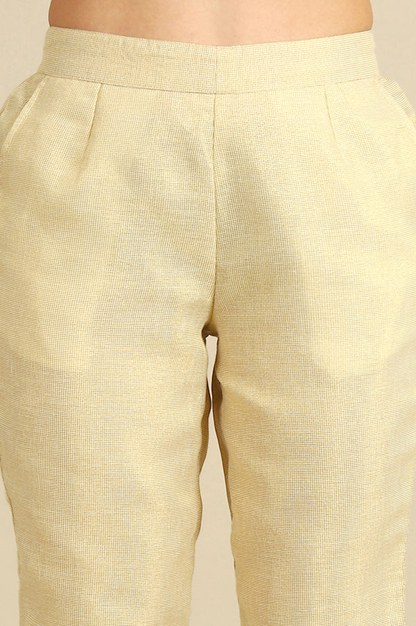 Off White Yarn Dyed Straight Fit Cotton Blend Trousers With Zari Detailing