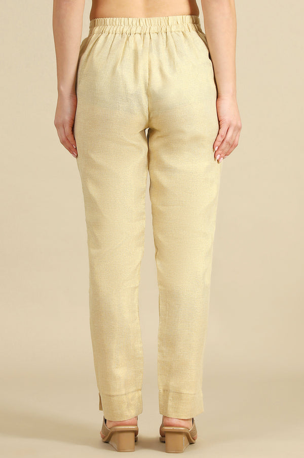 Off White Yarn Dyed Straight Fit Cotton Blend Trousers With Zari Detailing