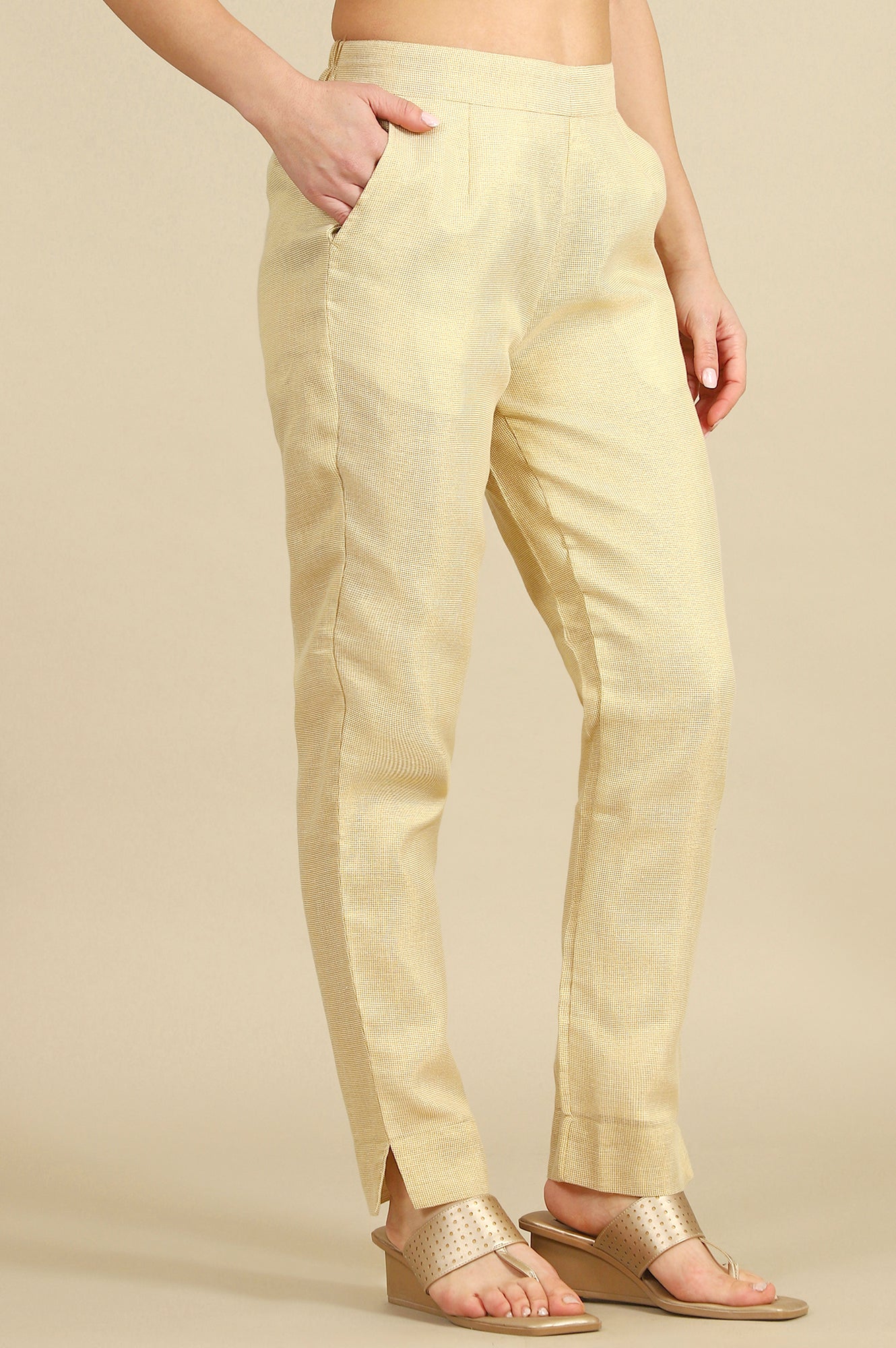Off White Yarn Dyed Zari Cotton Blend Straight Trousers &amp; Pants