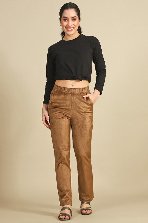 Gold Solid Straight Fit Cotton Pants